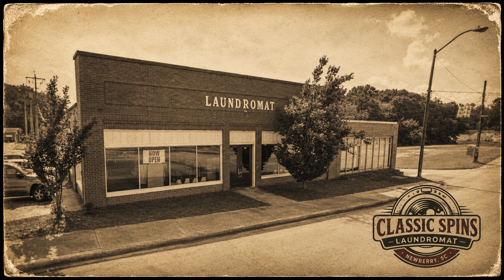 Vintage postcard style view of Classic Spins Laundromat on Nance Street