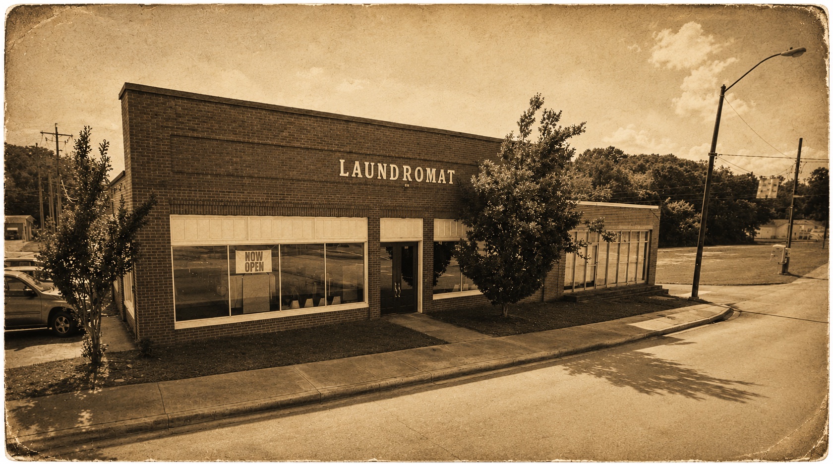 Vintage view of the Classic Spins Laundromat building